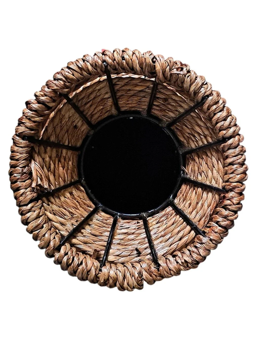 Vintage Multi-Hue Brown Rattan Vase with Bronze Accents Rope Jute Wire Decor